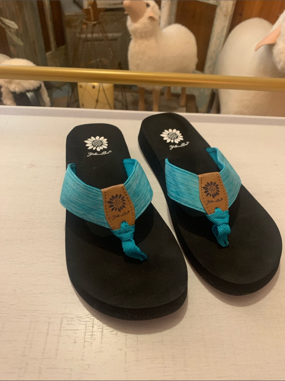 Yellow Box Teal Fabric Toe-Post Sandals with Black Footbed